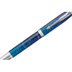 Penna stilografica lacca blu, pennino acciaio, inchiostro blu, Parker