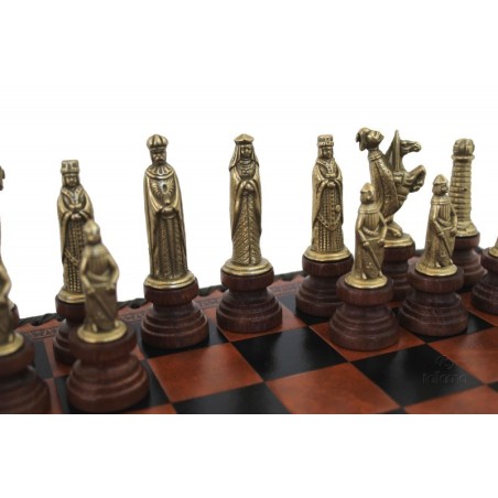 Scacchiera similcuoio contenitore backgammon e dama con scacchi  metallo stile medioevale