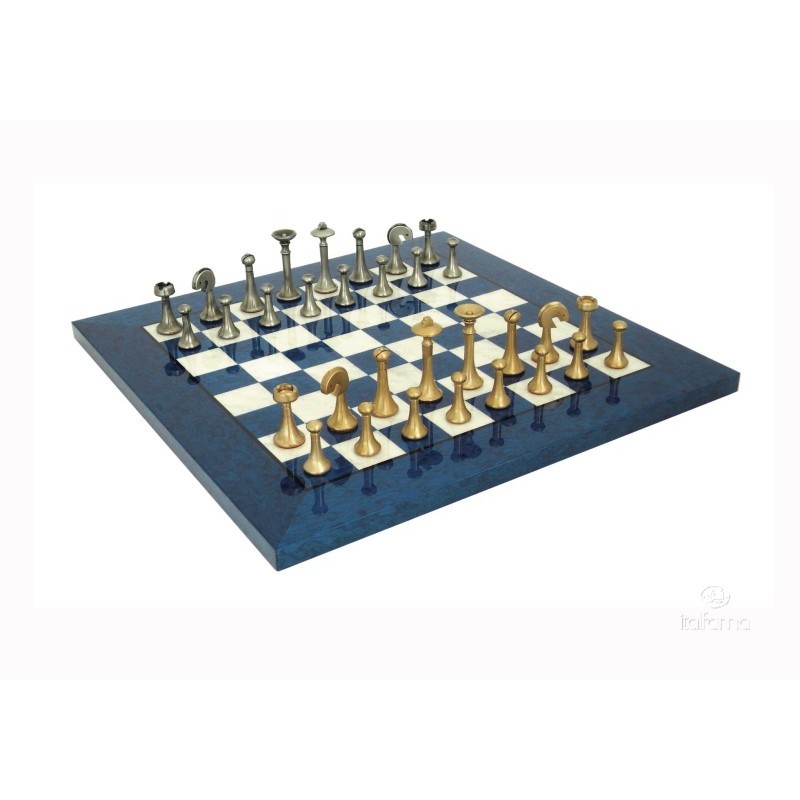 Set scacchiera in radica erable blu e  scacchi in ottone
