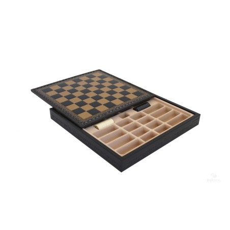 Set scacchiera in similcuoio e contenitore con scacchi Mignon