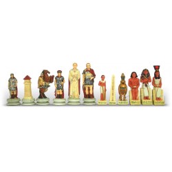 Scacchiera in similcuoio con contenitore backgammon e dama compresa di scacchi dipinti a mano Romani vs Egizi