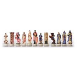 Scacchiera similcuoio blu con contenitore backgammon e dama compresa di scacchi dipinti a mano Crociati vs Saraceni